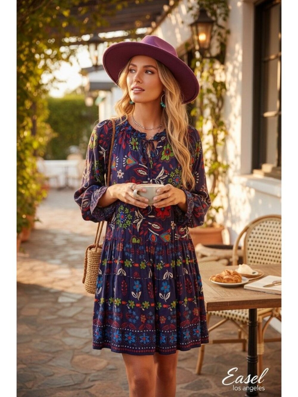 Boho Floral Long-Sleeve Mini Dress Eclectic Folkloric Romantic Free Spirited